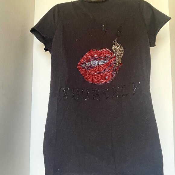 Zadig & Voltaire Love Yourself T-Shirt Womens Black Red Lips Strass Short Sleeve - Picture 2 of 7